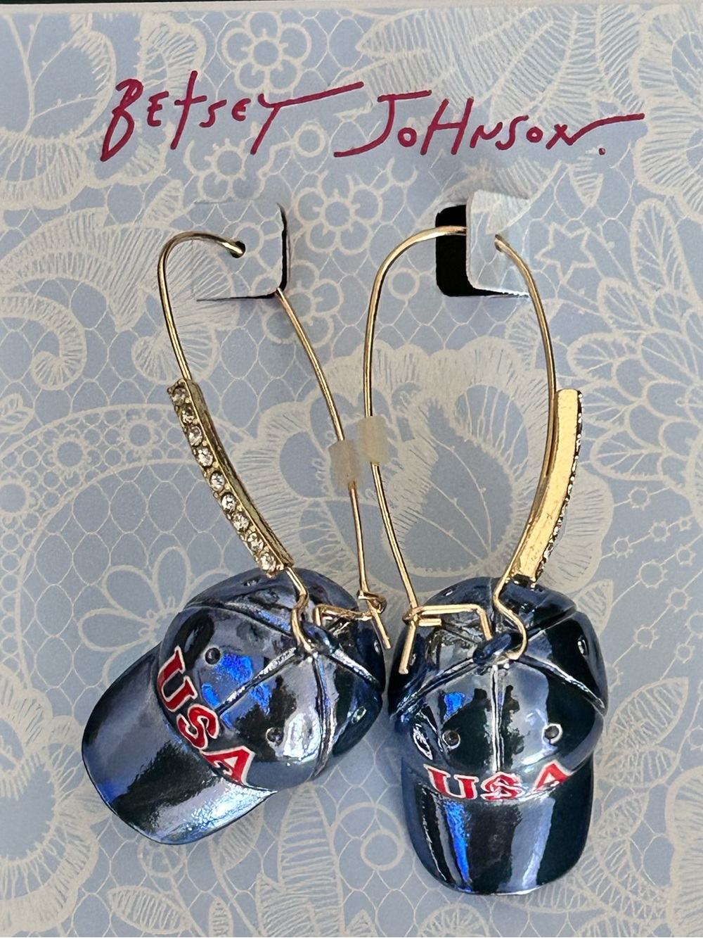 Betsey Johnson Gold Tone & Blue Metallic 3D USA Baseball Hat Drop Earrings -NEW
